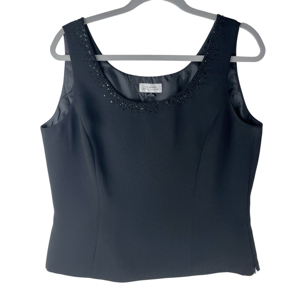 Tahari Arthur S Levine Women's 12 Black Sleeveless Top Beaded Necktie Blouse